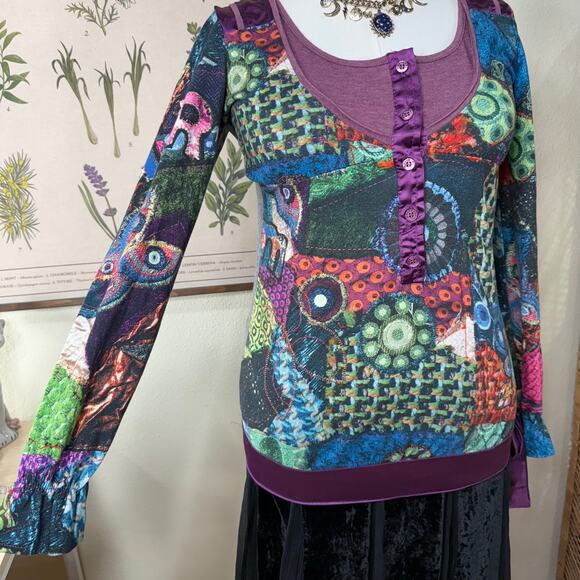 Desigual Graphic Print Tie Henley Top Whimsigoth Whimsy Twee Y2k Fairy Grunge M - Picture 4 of 10